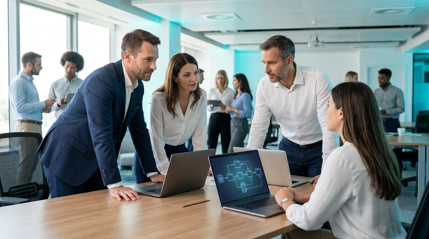 Team configuring a new CRM implementation on a laptop